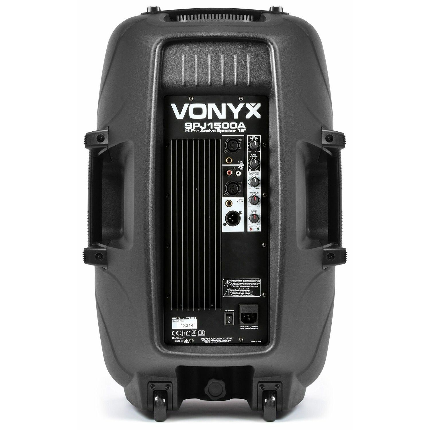 Zwarte luidspreker met VONYX SPJ1500A-label. Voorzien van diverse input/output jacks en bedieningsknoppen.