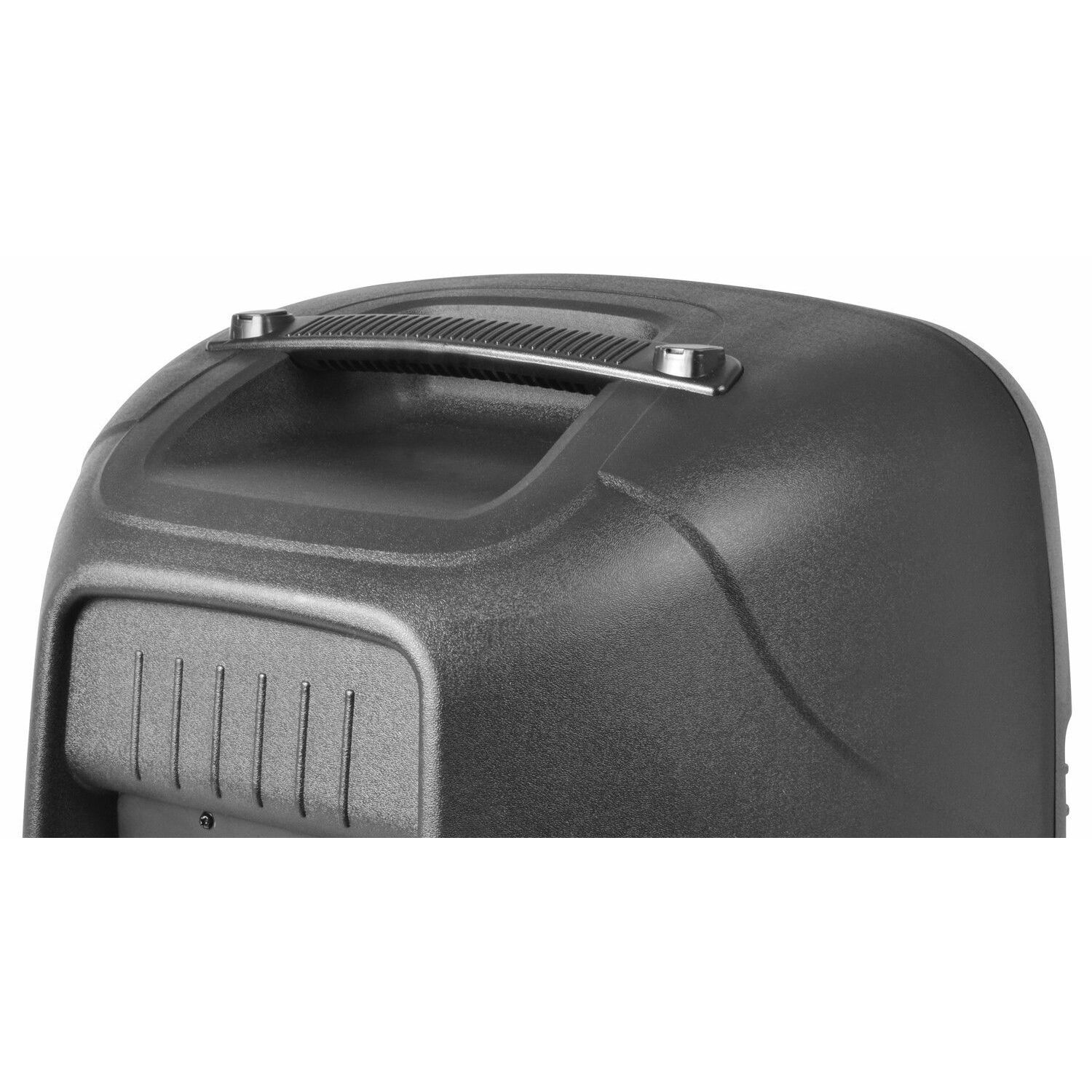 De bovenkant van een zwarte luidspreker met een handvat. De luidspreker heeft een gestructureerd oppervlak en metalen accenten.