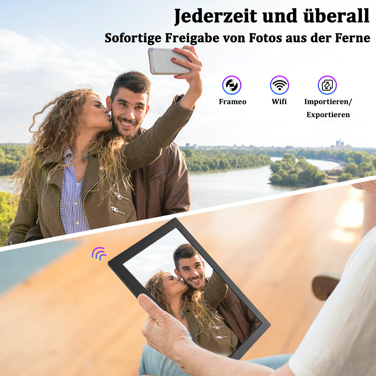 Para robiąca selfie smartfonem, z niemieckim tekstem 'Jederzeit und überall'.