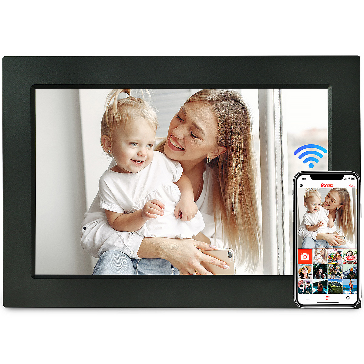 Digitaler Bilderrahmen und Telefon, das ein Bild einer Frau und eines Kindes zeigt.