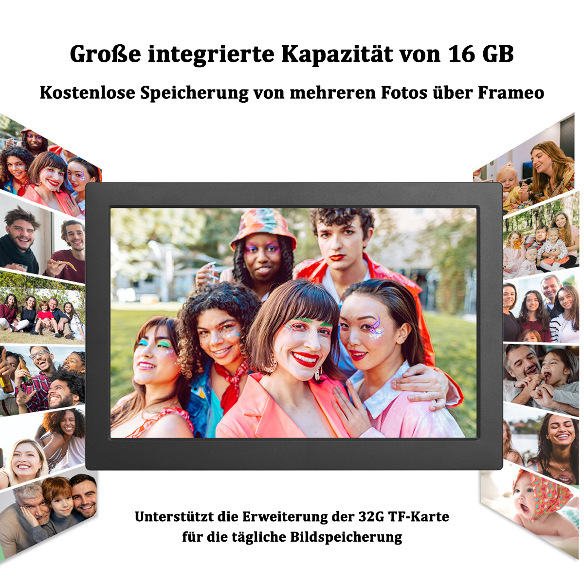 Cyfrowa ramka na zdjęcia wyświetlająca wiele zdjęć. Tekst o pojemności pamięci.