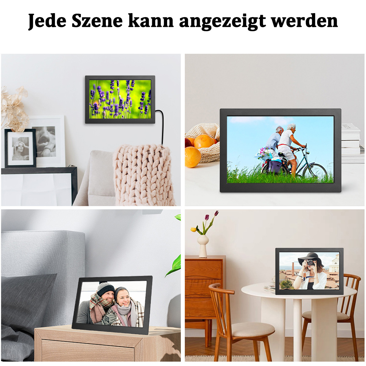 Cztery zdjęcia w ramkach na wystawie, każde przedstawiające różne sceny. Czarne ramki, białe ściany.