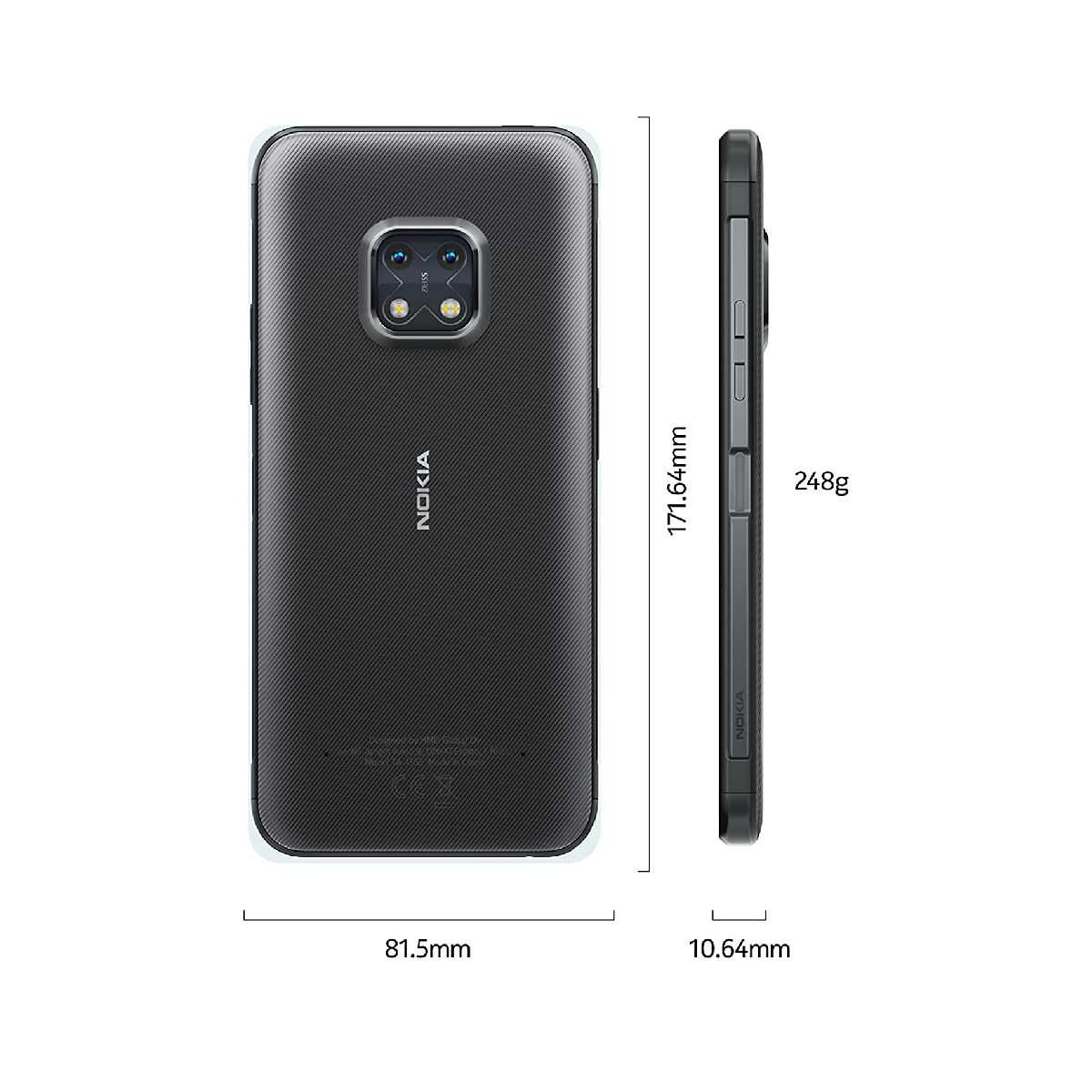Nokia telefoon achterkant en zijaanzicht met afmetingen. Afmetingen: 171,64 mm x 81,5 mm x 10,64 mm, 248 g.