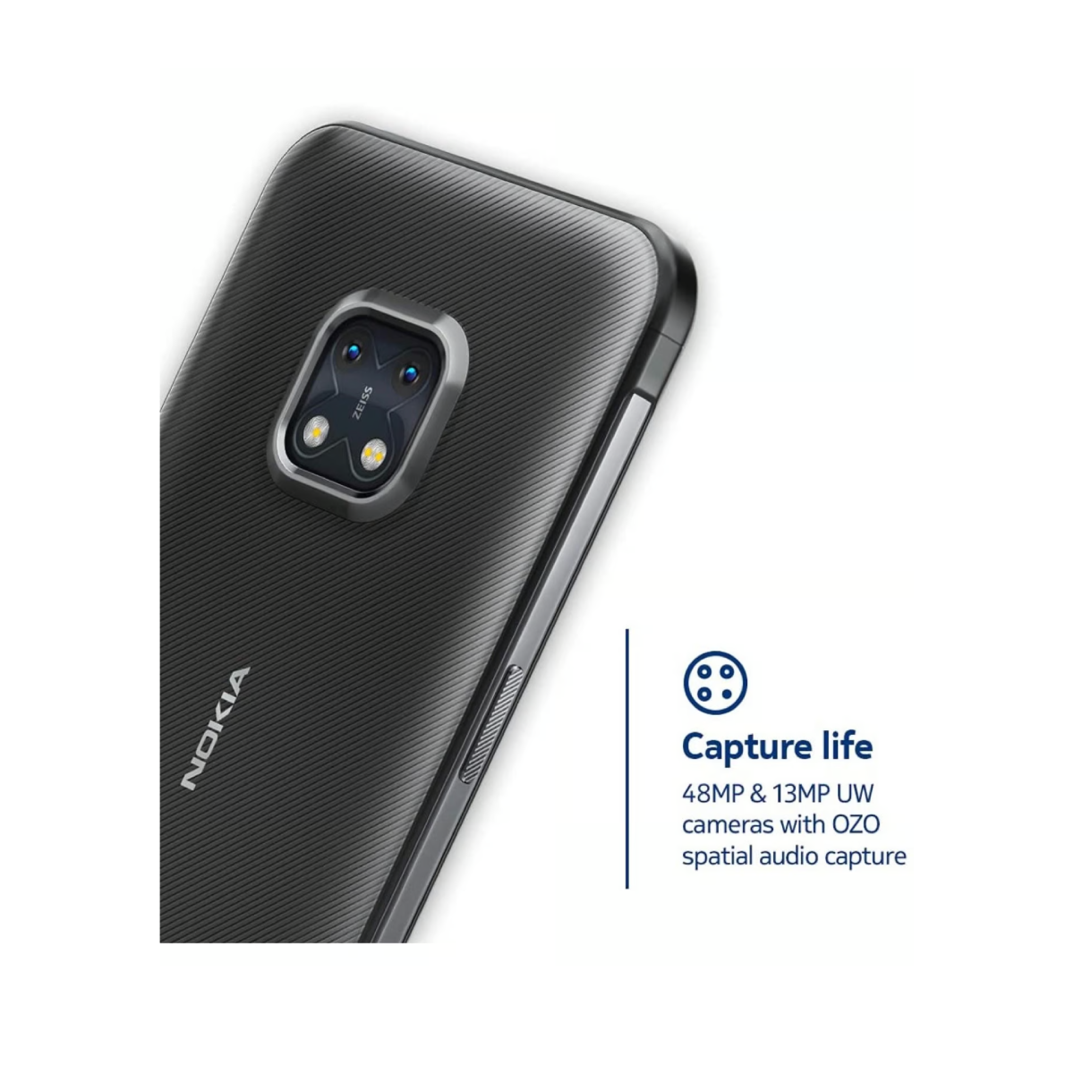 Nokia telefoon achterkant, zwart, camera. Tekst: Leg het leven vast. 48MP & 13MP UW camera's met OZO.