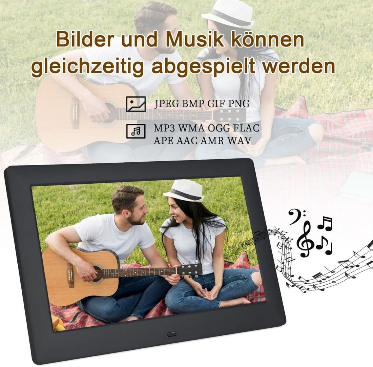 Cyfrowa ramka na zdjęcia z parą. Odtwarzanie muzyki i zdjęć. Czarna ramka, białe tło.