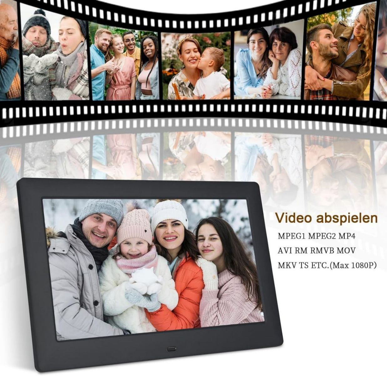 Cyfrowa ramka na zdjęcia wyświetla zdjęcia rodzinne, z taśmą filmową i tekstem o odtwarzaniu wideo.