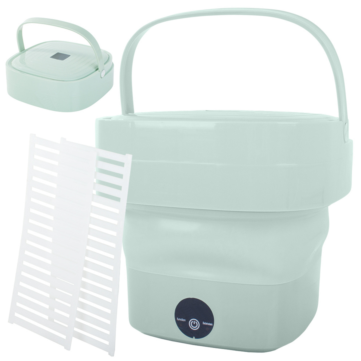 Una cesta de lavandería plegable verde menta con asas y tapa.