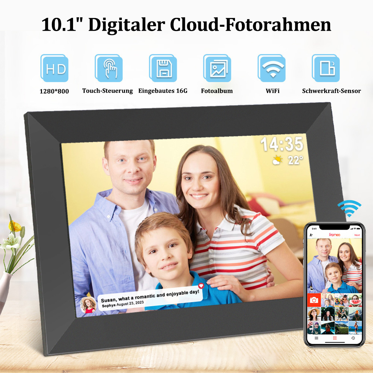 Cyfrowa ramka na zdjęcia wyświetla zdjęcie rodzinne. Tekst i ikony u góry.