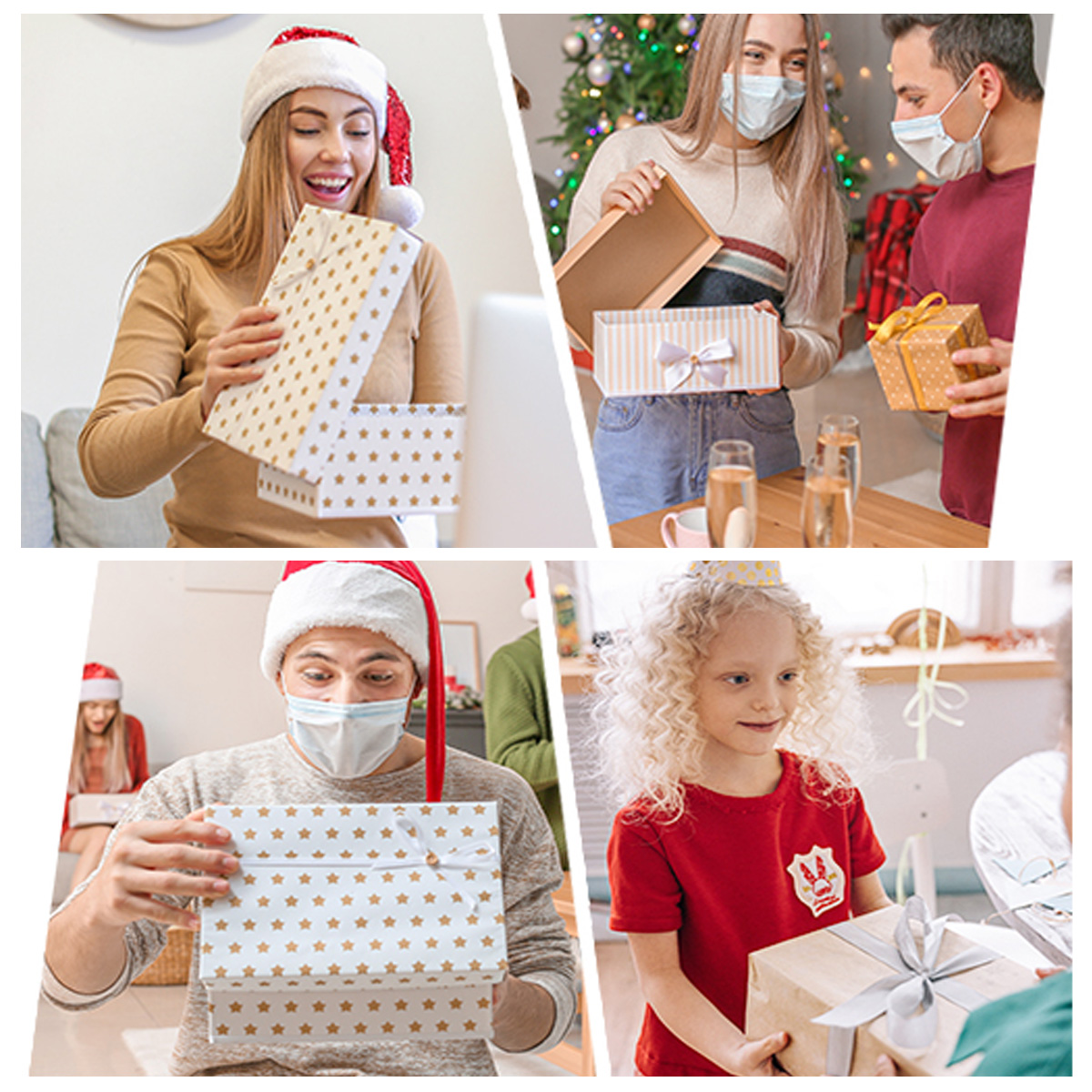 Cztery zdjęcia osób otwierających prezenty. Niektórzy noszą maski i czapki Mikołaja. Prezenty są złote i białe.