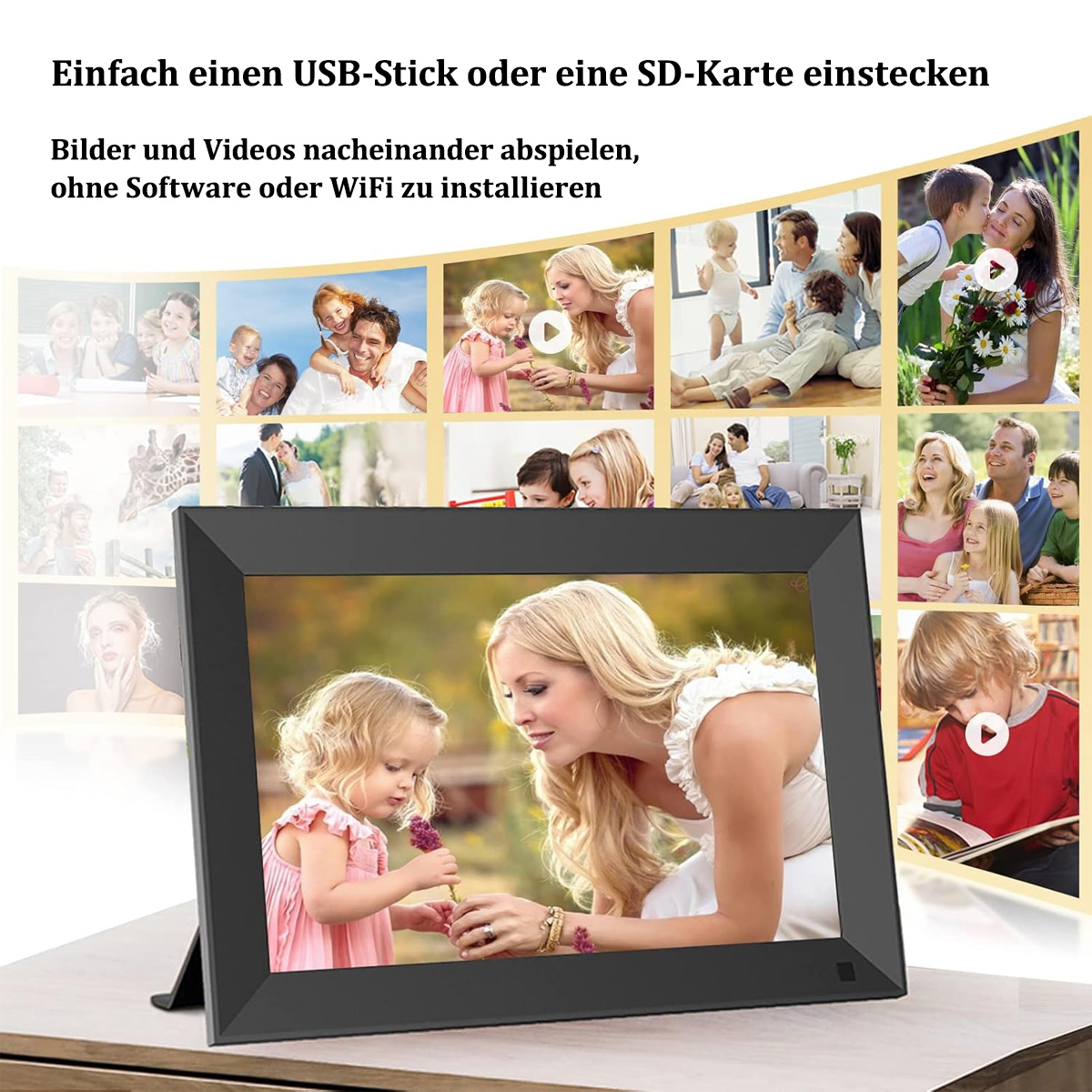 Cyfrowa ramka na zdjęcia wyświetlająca wiele zdjęć. Ramka jest ostra na pierwszym planie.