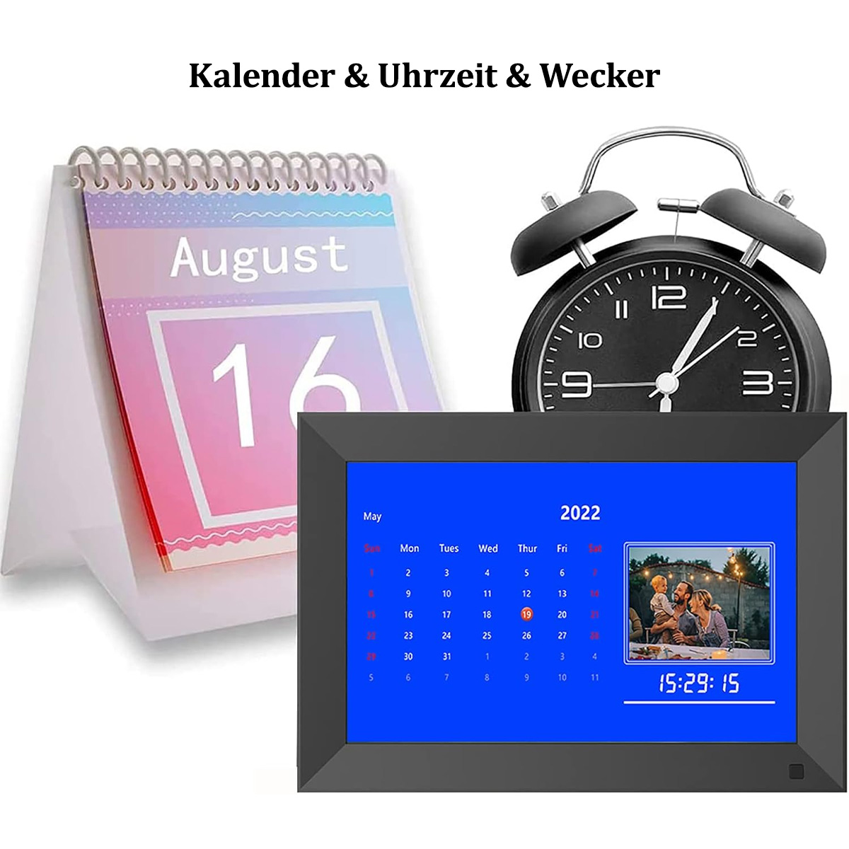 Kalendarz, budzik i cyfrowa ramka na zdjęcia wyświetlająca zdjęcie rodzinne i godzinę.
