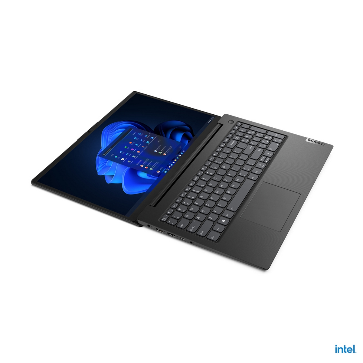 Laptop con cornice nera, tastiera grigia, aperto su sfondo bianco, logo Lenovo.
