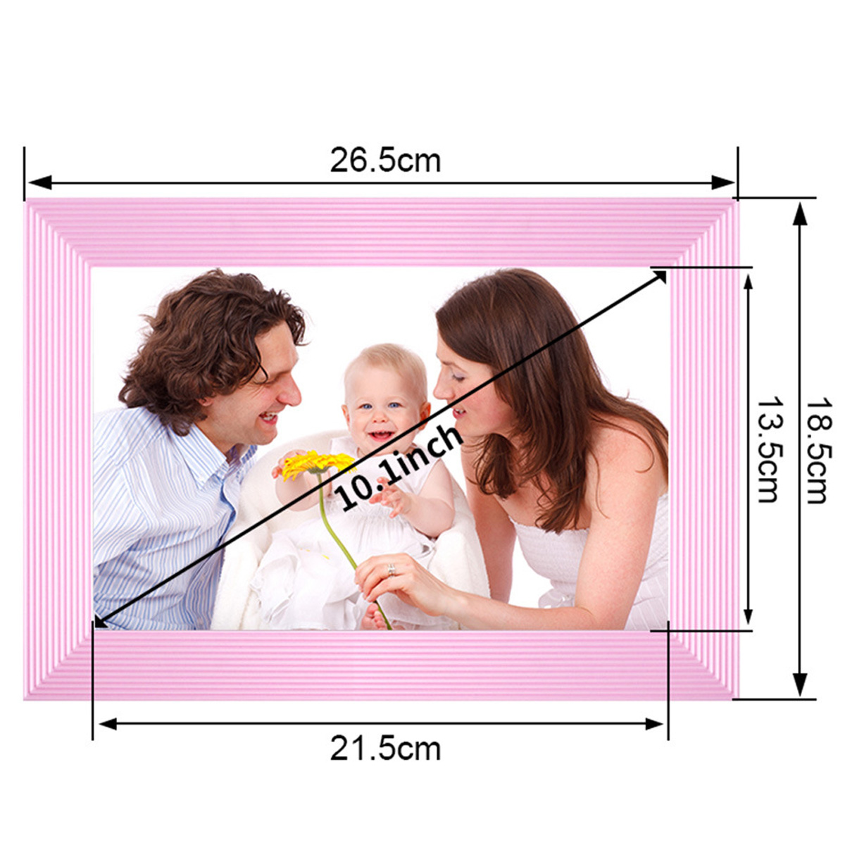 Różowa ramka na zdjęcia ze zdjęciem rodzinnym w środku, z zaznaczonymi wymiarami.