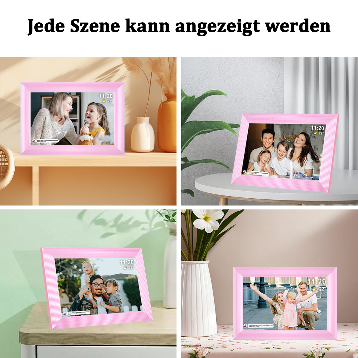 Różowe cyfrowe ramki na zdjęcia wyświetlające zdjęcia rodzinne na różnych powierzchniach.