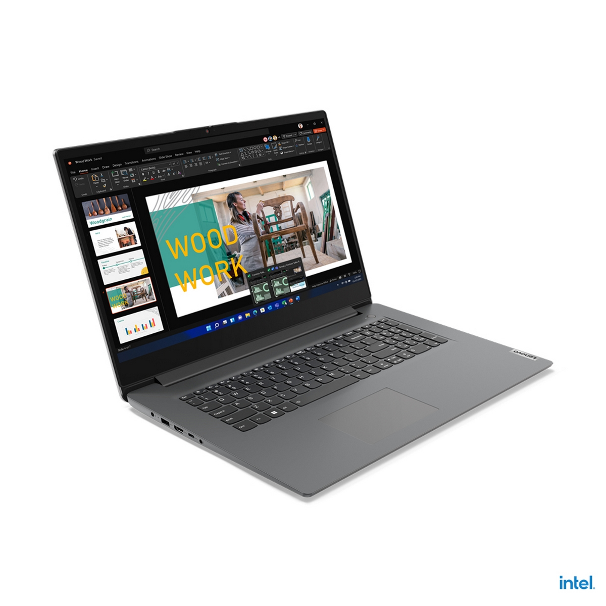 Laptop con presentazione di falegnameria su sfondo bianco, con logo Intel.