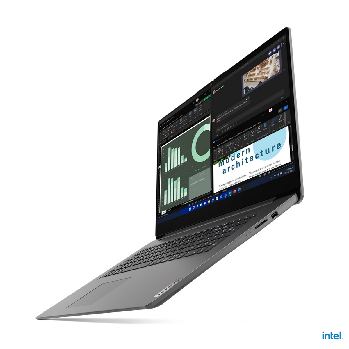 Laptop grigio con schermo che mostra diverse finestre. Il laptop è inclinato, mostra tastiera e display aperti.
