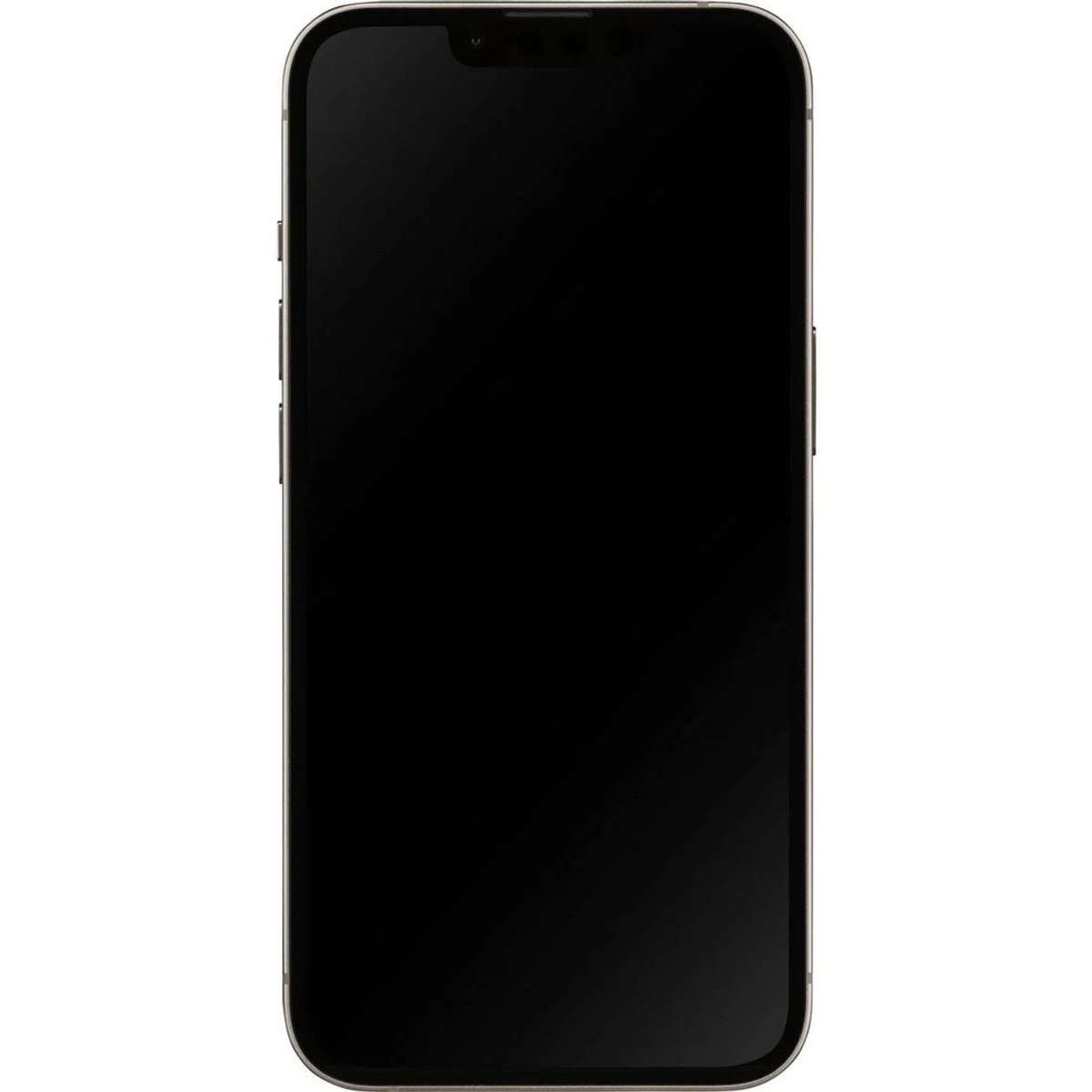 iPhone z czarnym ekranem. Złota ramka, czarny ekran. Białe tło.