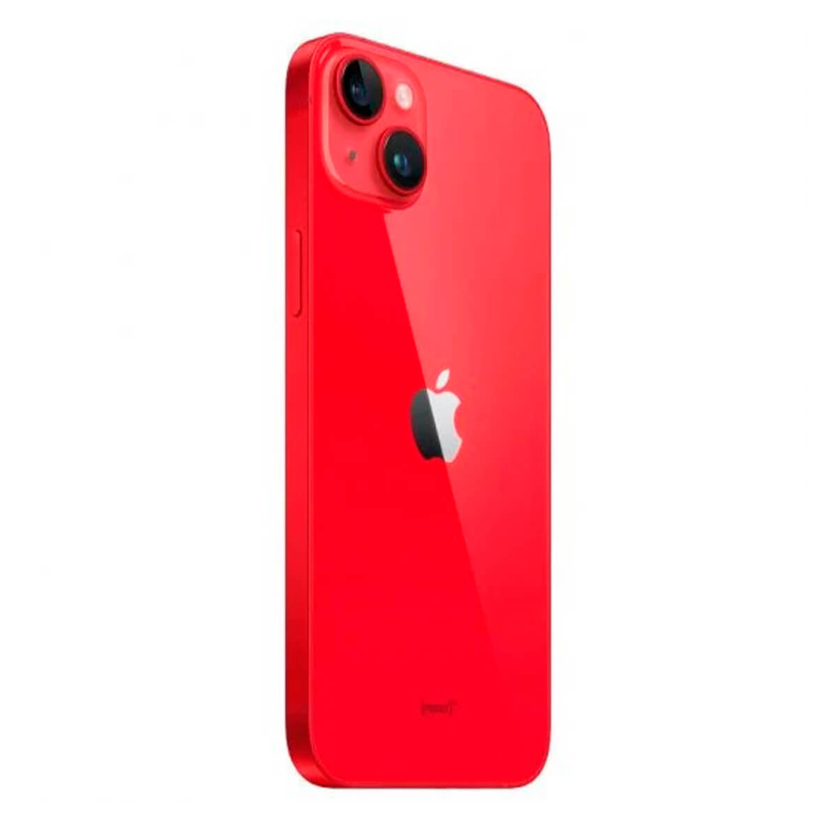 Czerwony smartfon z podwójnym systemem kamer i widocznym logo Apple. Czerwone tło.