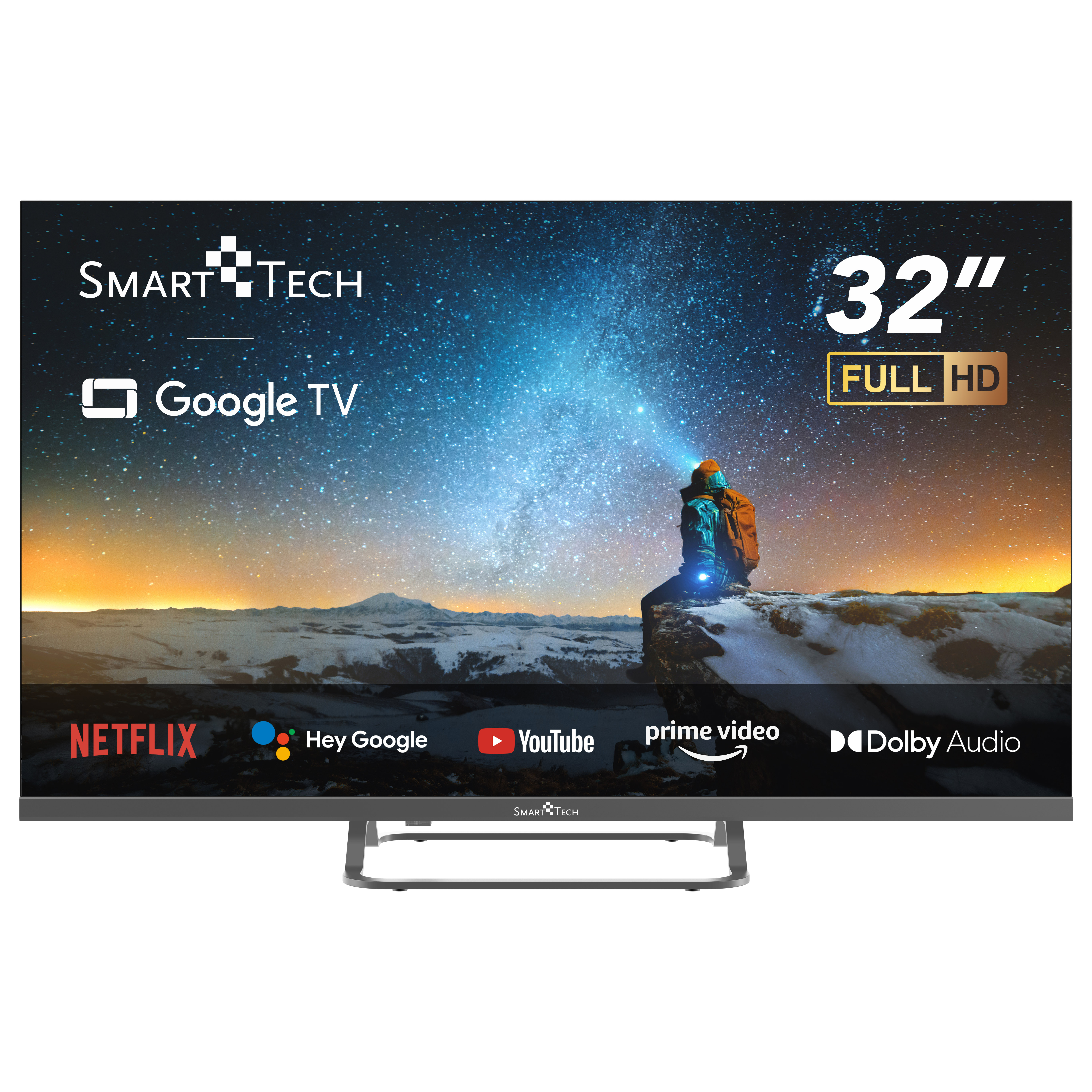 32-calowy telewizor SmartTech z Google TV, mężczyzna w tle i loga aplikacji.