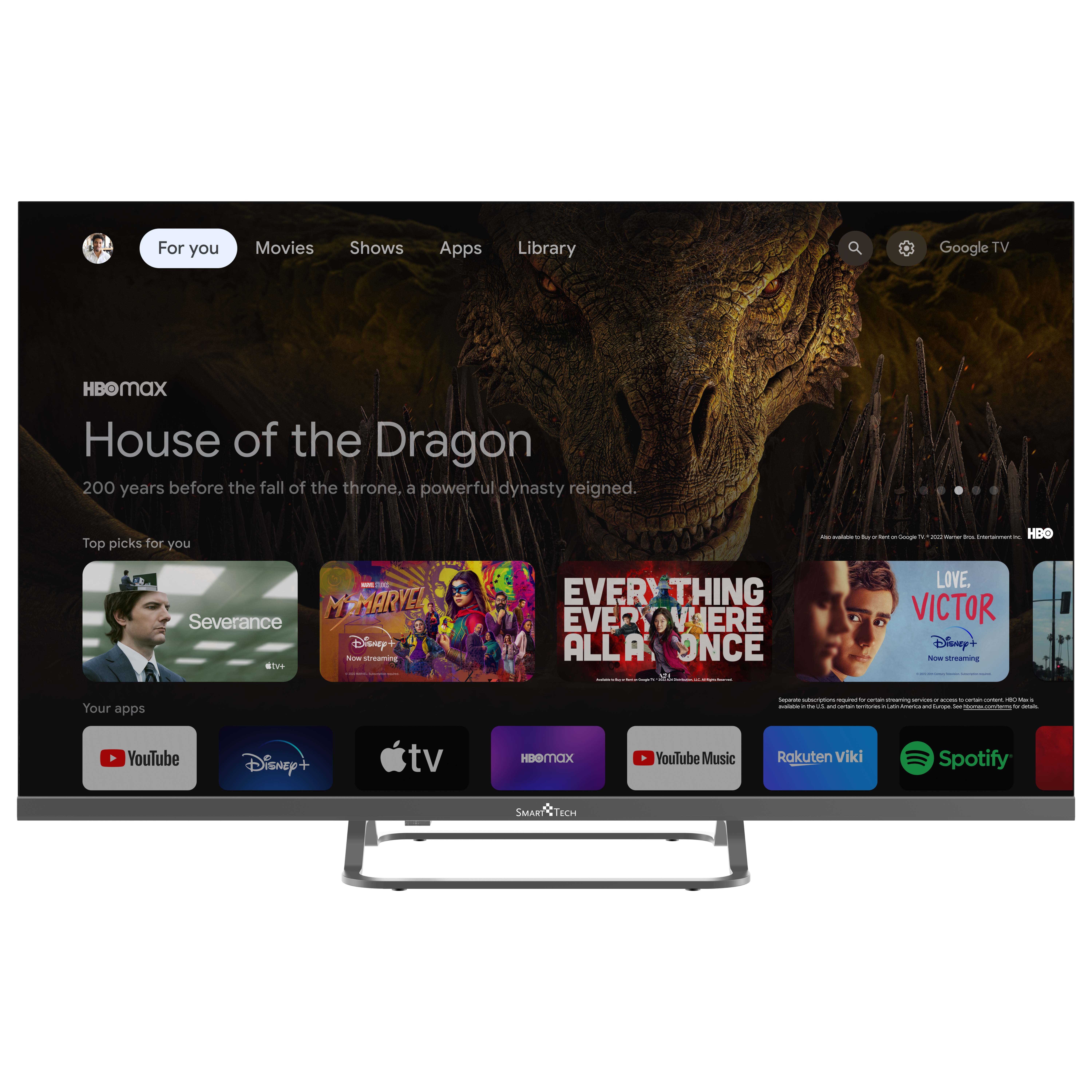 Ekran telewizora wyświetlający menu usługi strumieniowania. Tło to ognisty krajobraz. Biała ramka.