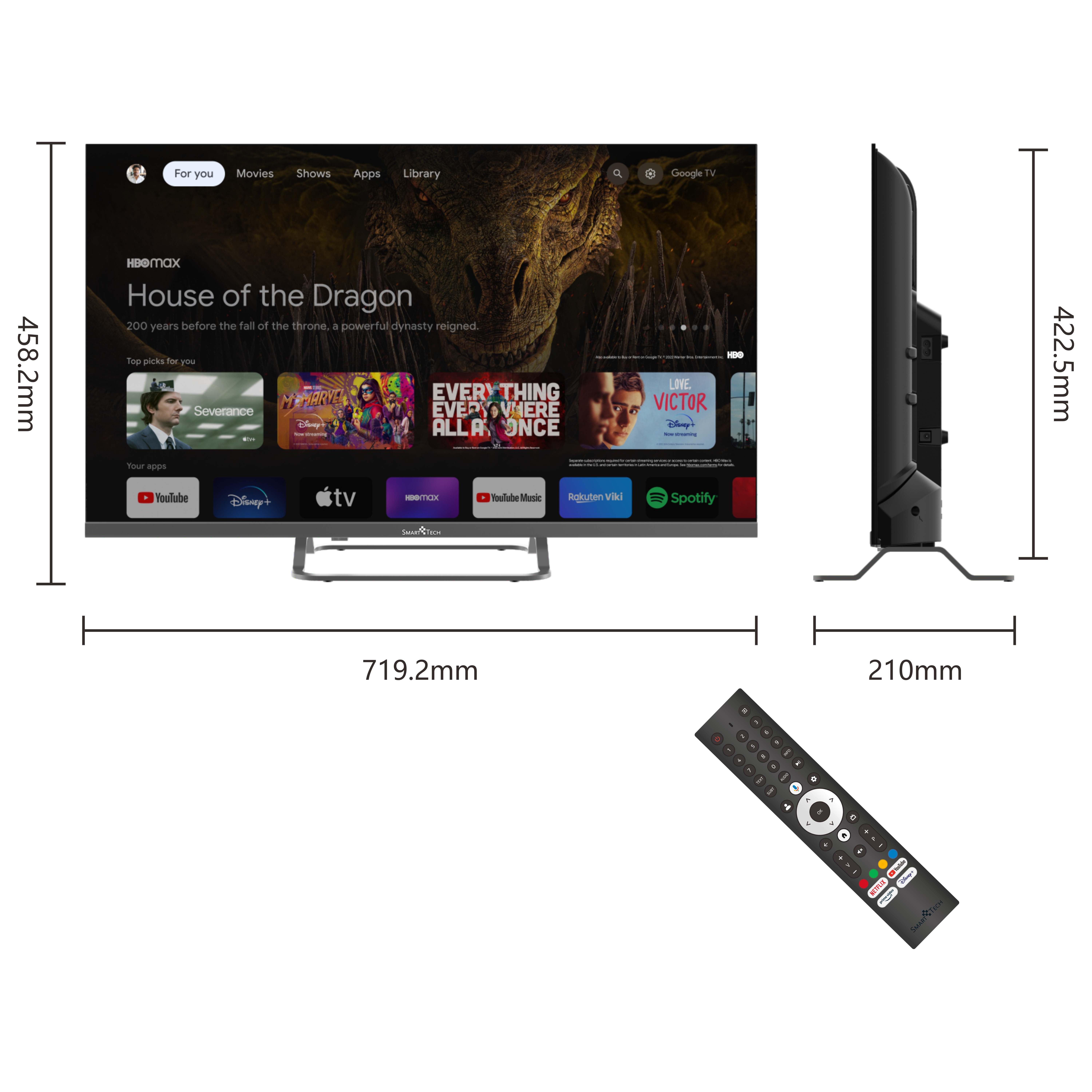 Telewizor SmartTech z interfejsem usługi strumieniowania, wymiarami i pilotem.