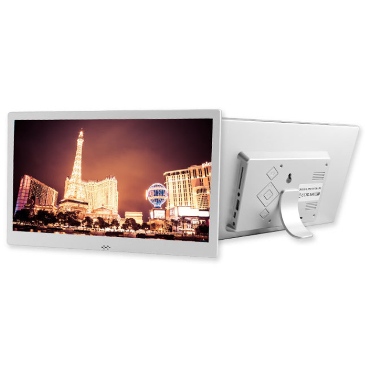 Cyfrowa ramka na zdjęcia wyświetlająca scenę miejską, z białą ramką i stojakiem.