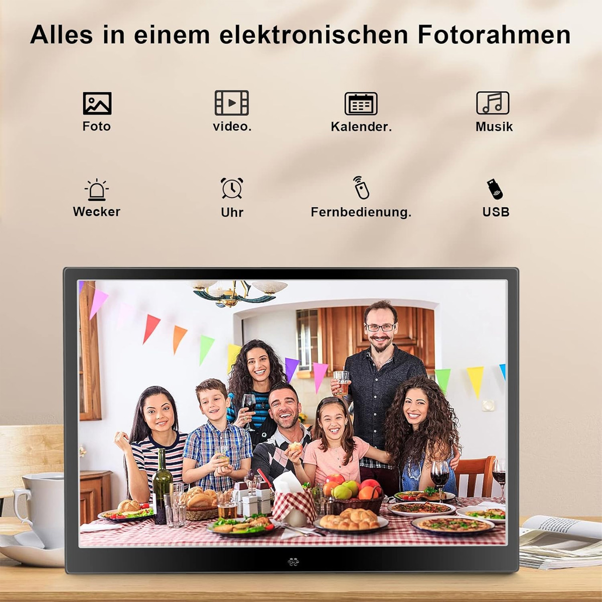 Cyfrowa ramka na zdjęcia z rodziną. Ekran otoczony ikonami.