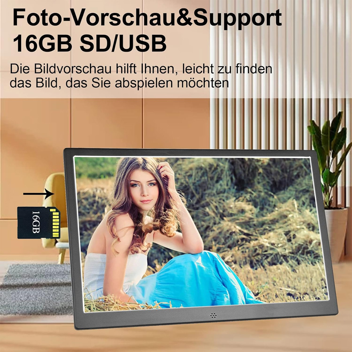 Cyfrowa ramka na zdjęcia wyświetlająca zdjęcie kobiety w niebieskiej sukience.