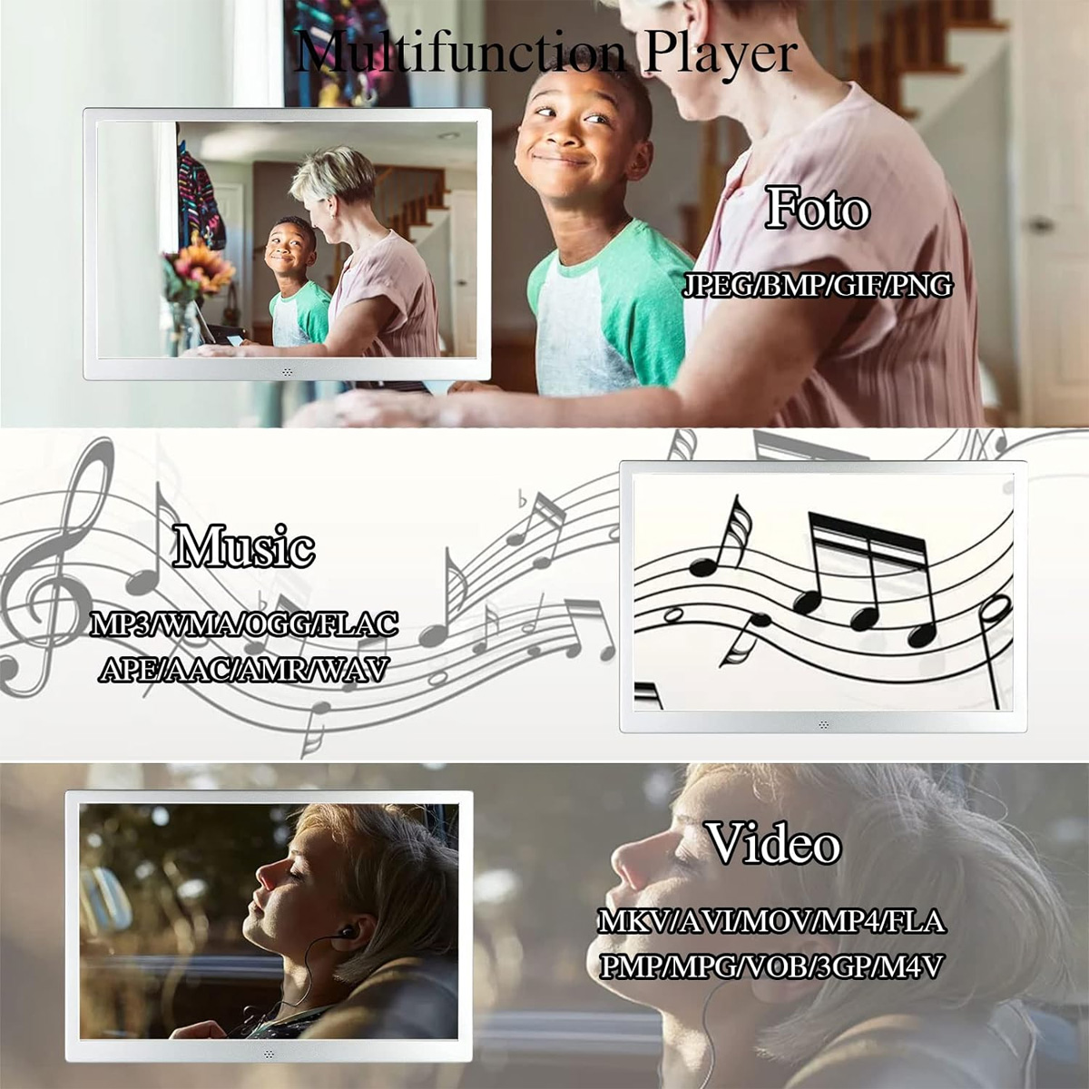 Obraz z trzema ekranami. Zdjęcie, Muzyka i Wideo. Różne elementy interfejsu użytkownika na każdym ekranie.