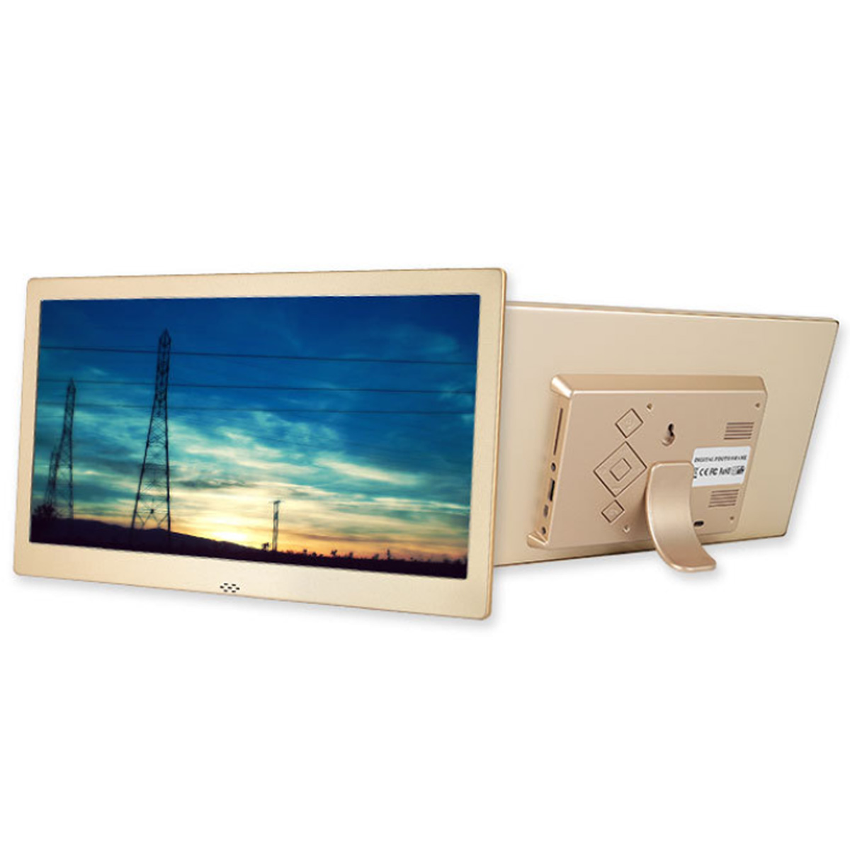 Cyfrowa ramka na zdjęcia wyświetla zachód słońca nad liniami energetycznymi; widoczny tył.