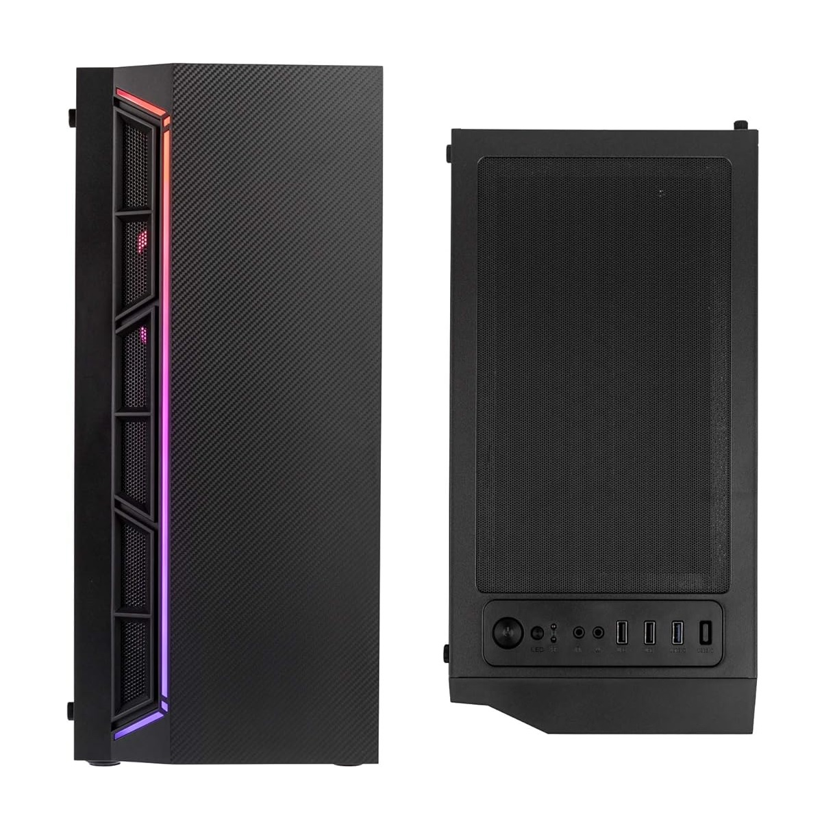 Caja de ordenador negra, vista lateral con iluminación RGB y vista frontal con malla, negro y gris.