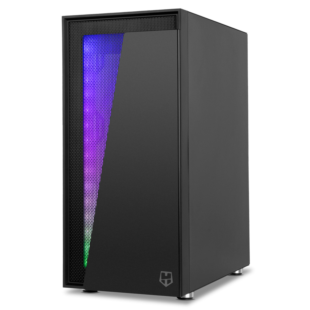 Una caja de computadora negra con un panel lateral de vidrio que muestra la iluminación interna colorida.