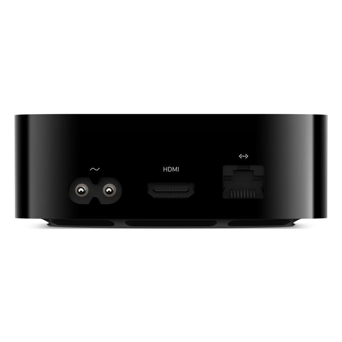 Rückansicht einer schwarzen Apple TV Box mit HDMI-, Strom- und Ethernet-Anschlüssen.