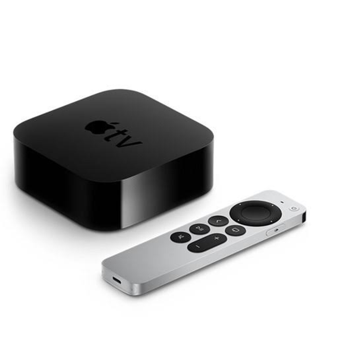 Schwarze Apple TV-Box neben einer silbernen Fernbedienung. Die Fernbedienung hat ein Touchpad und Tasten.