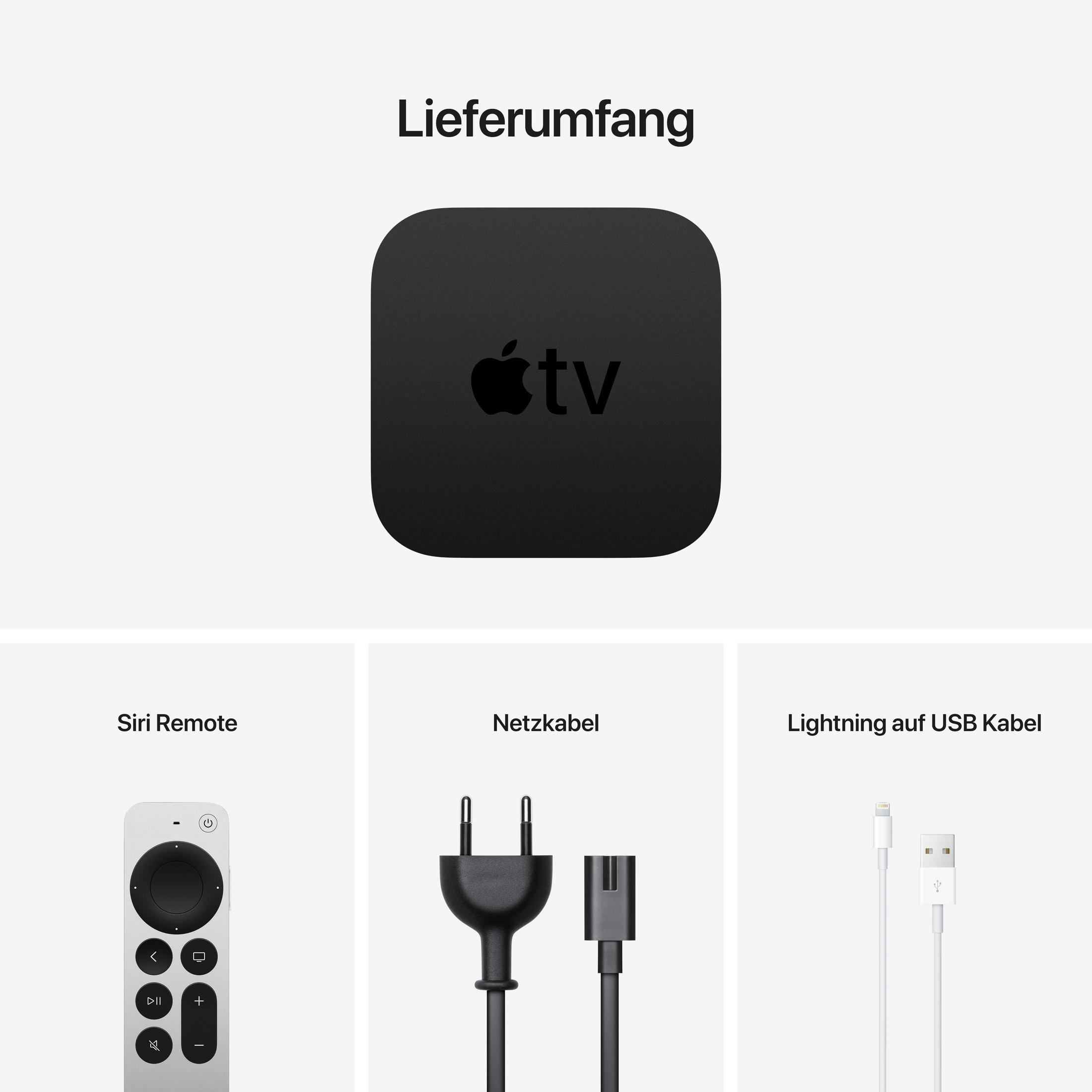 Caja Apple TV con Siri Remote, cable de alimentación y cable Lightning.