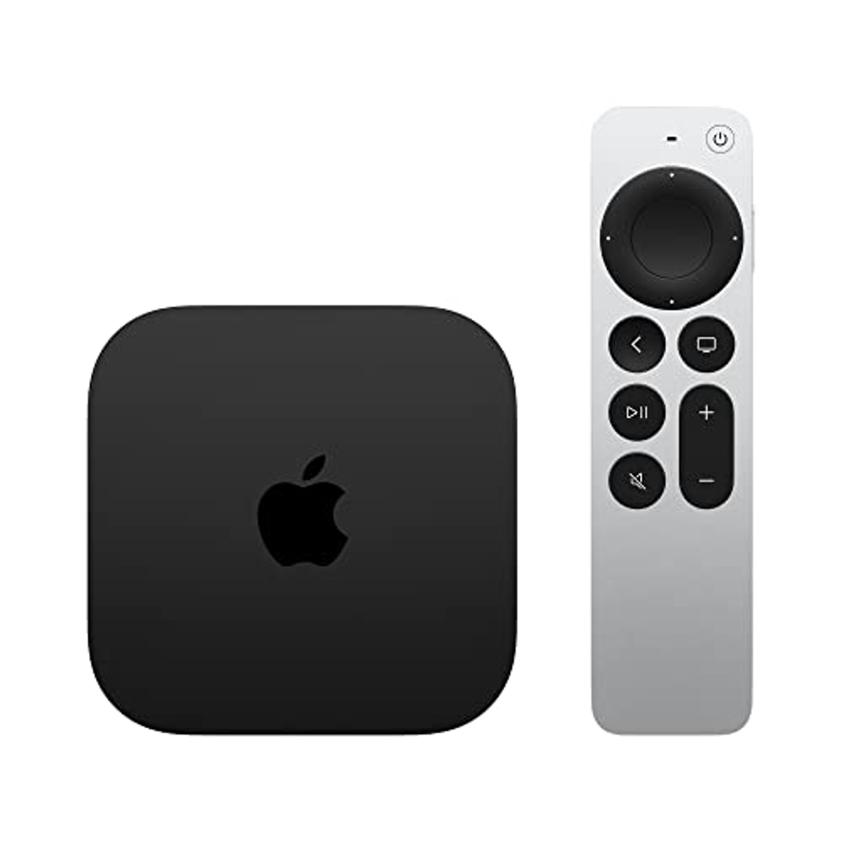 Apple TV e telecomando. Scatola nera, telecomando bianco con pulsanti. Sfondo bianco.