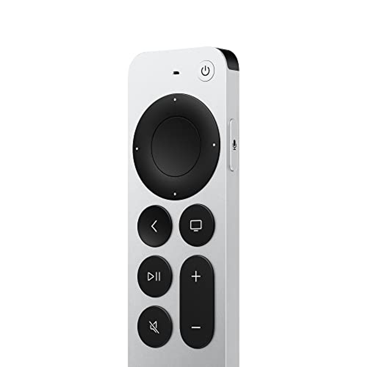 Telecomando Apple TV argento. Con pulsanti, un pad circolare e un pulsante di accensione in alto.