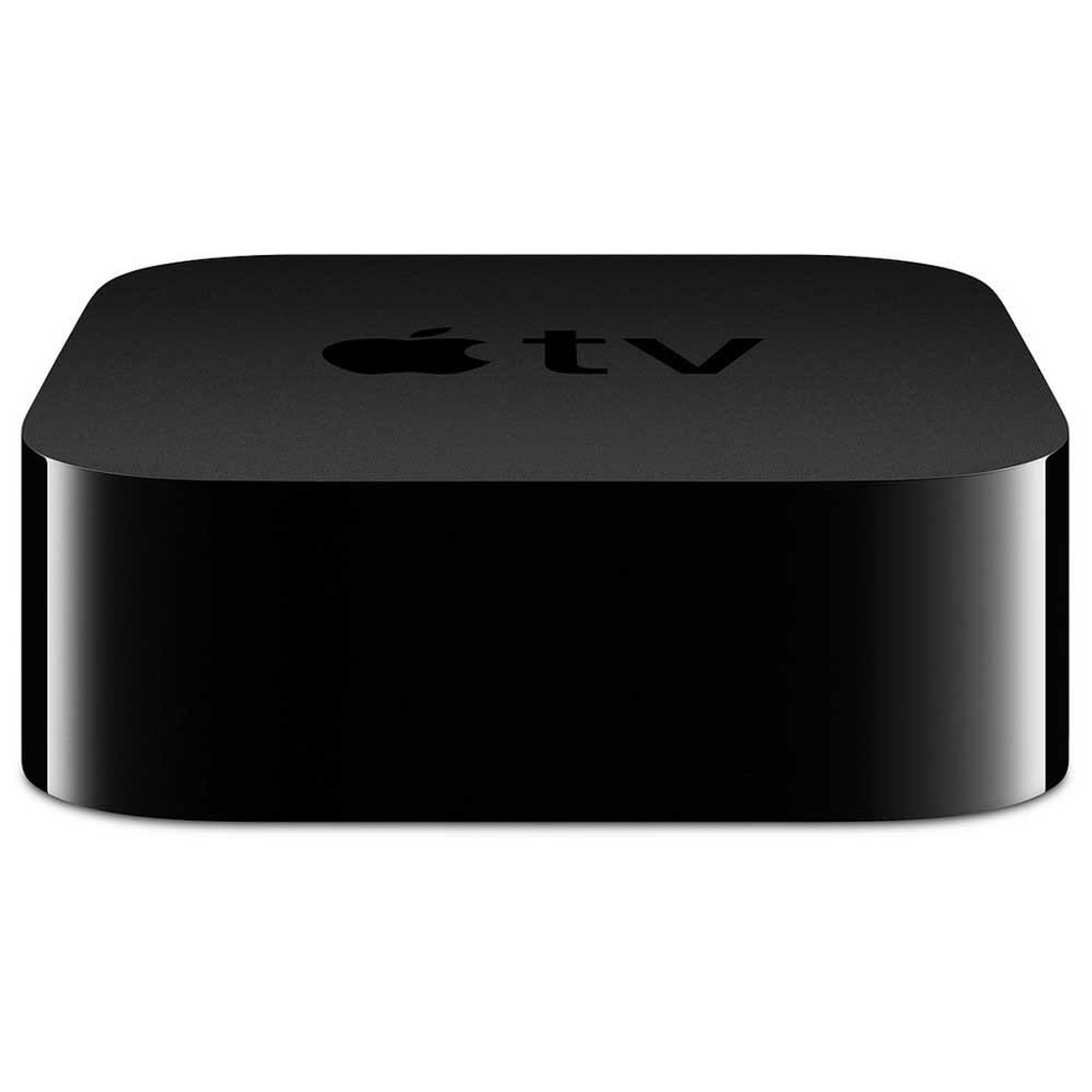 Schwarze Apple TV-Box. Schlichtes, quadratisches Design mit Apple-Logo oben.
