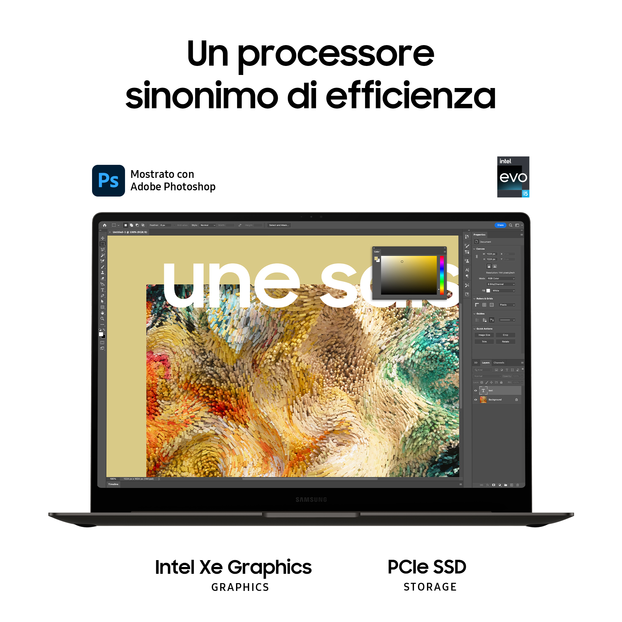 Laptop che mostra un programma di arte con testo. Etichette Intel Evo e Intel Xe Graphics.