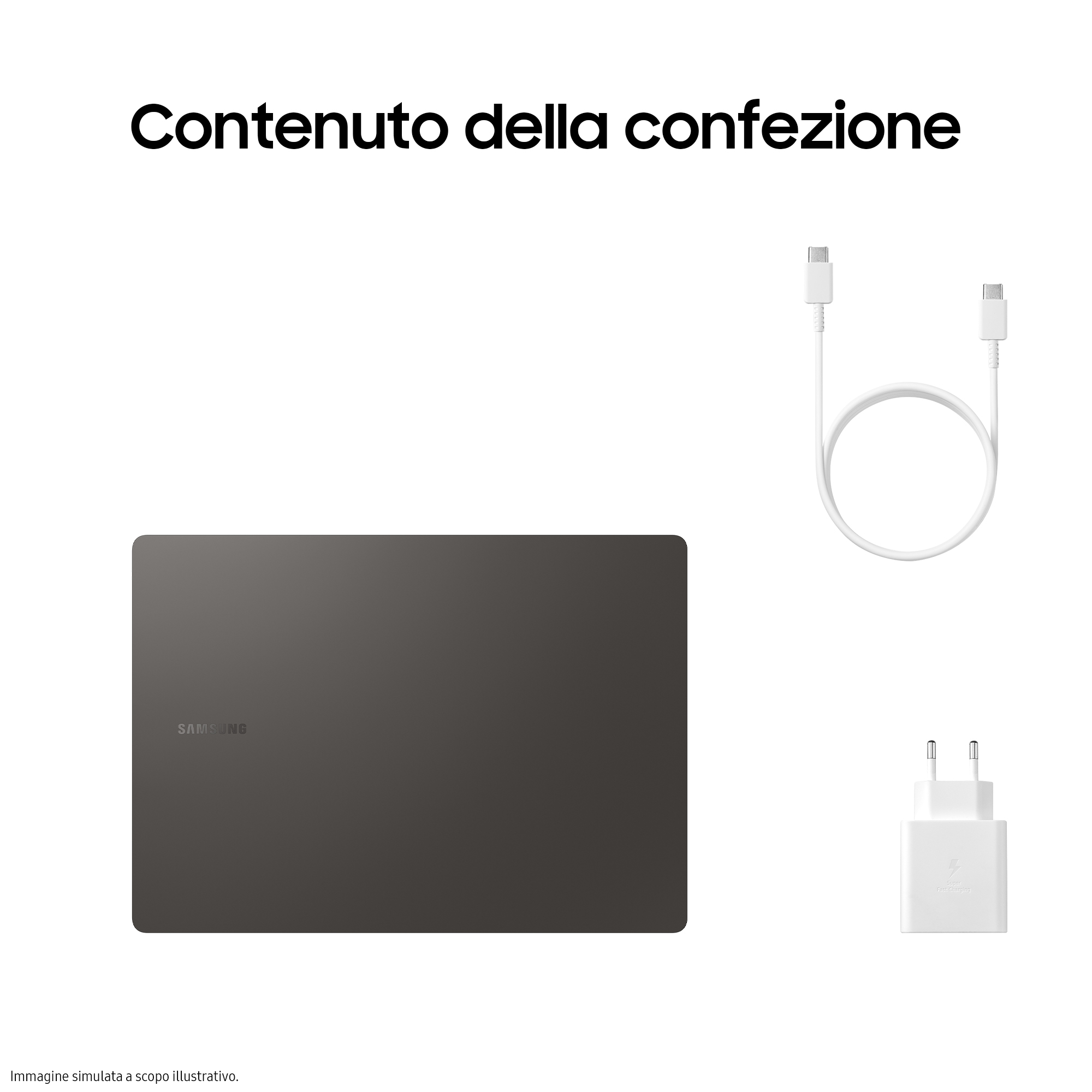 Laptop, caricatore e cavo su sfondo bianco, vista dall'alto, laptop scuro.