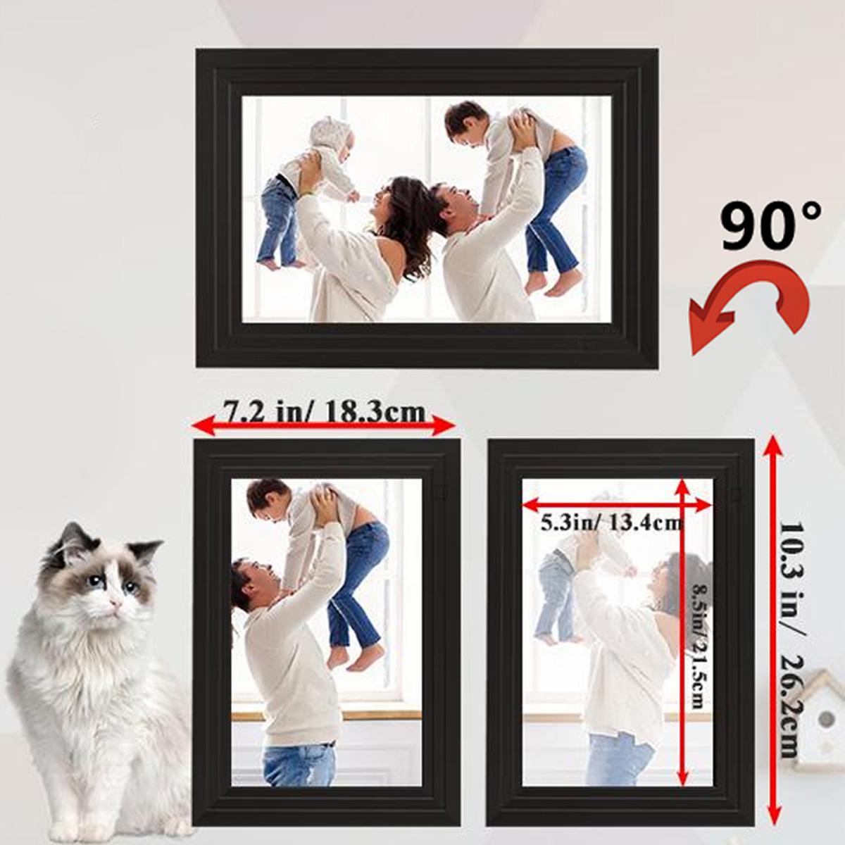 Zdjęcia rodziny, dziecka i kota w ramkach ze szczegółami rozmiaru i strzałką 90 stopni.