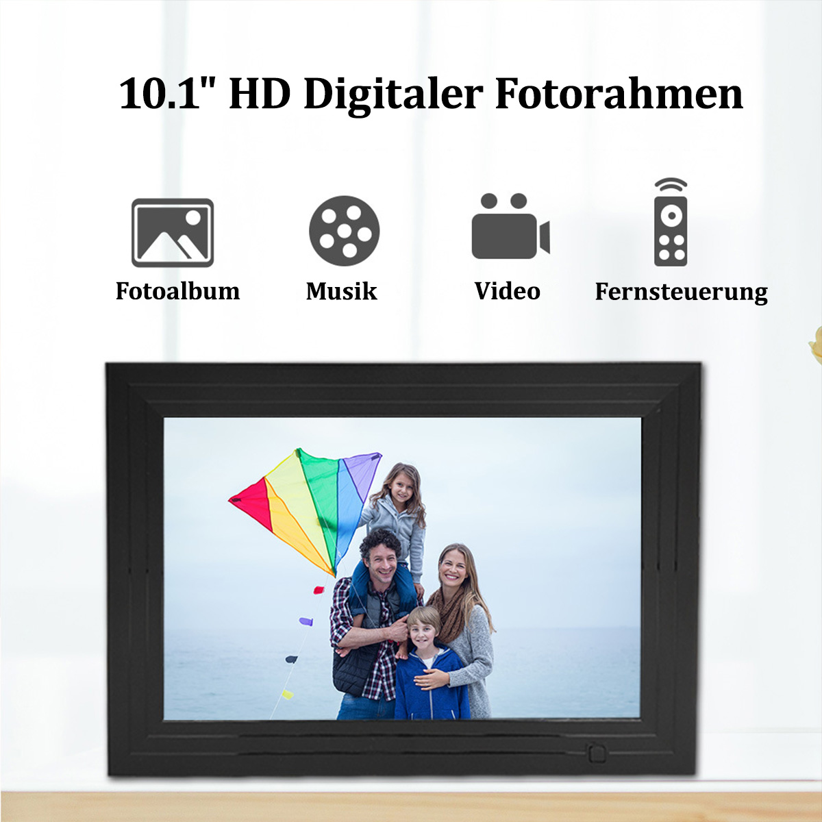 Czarna cyfrowa ramka na zdjęcia z rodziną i latawcem. Ikony muzyki, wideo i pilota.