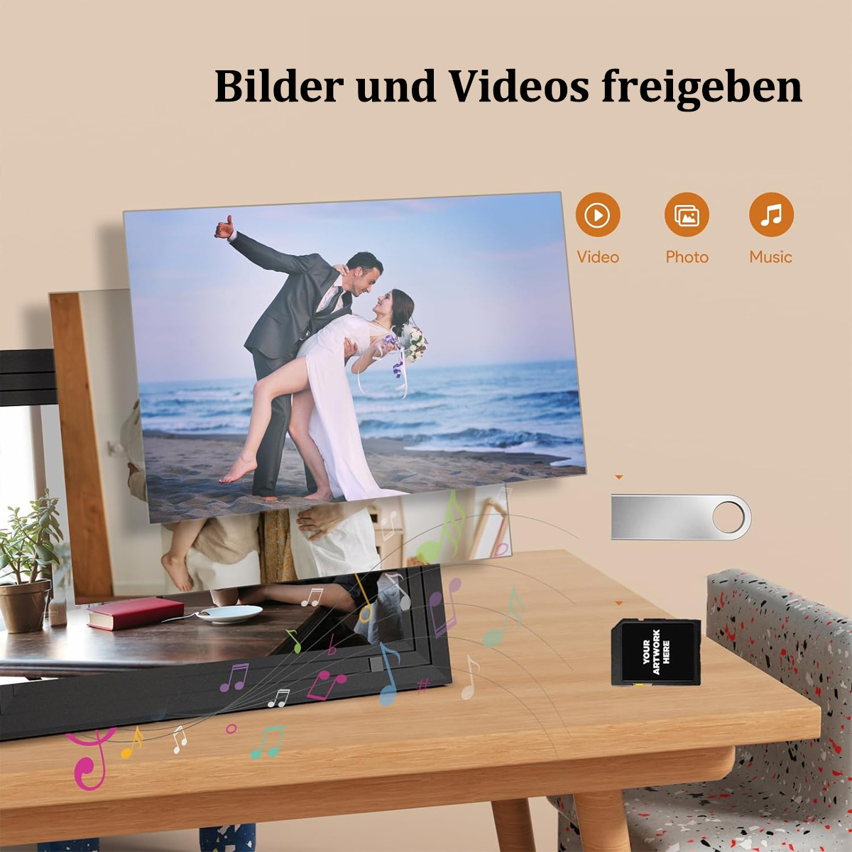 Album ze zdjęciami, ikonami udostępniania wideo, zdjęć i muzyki z USB.