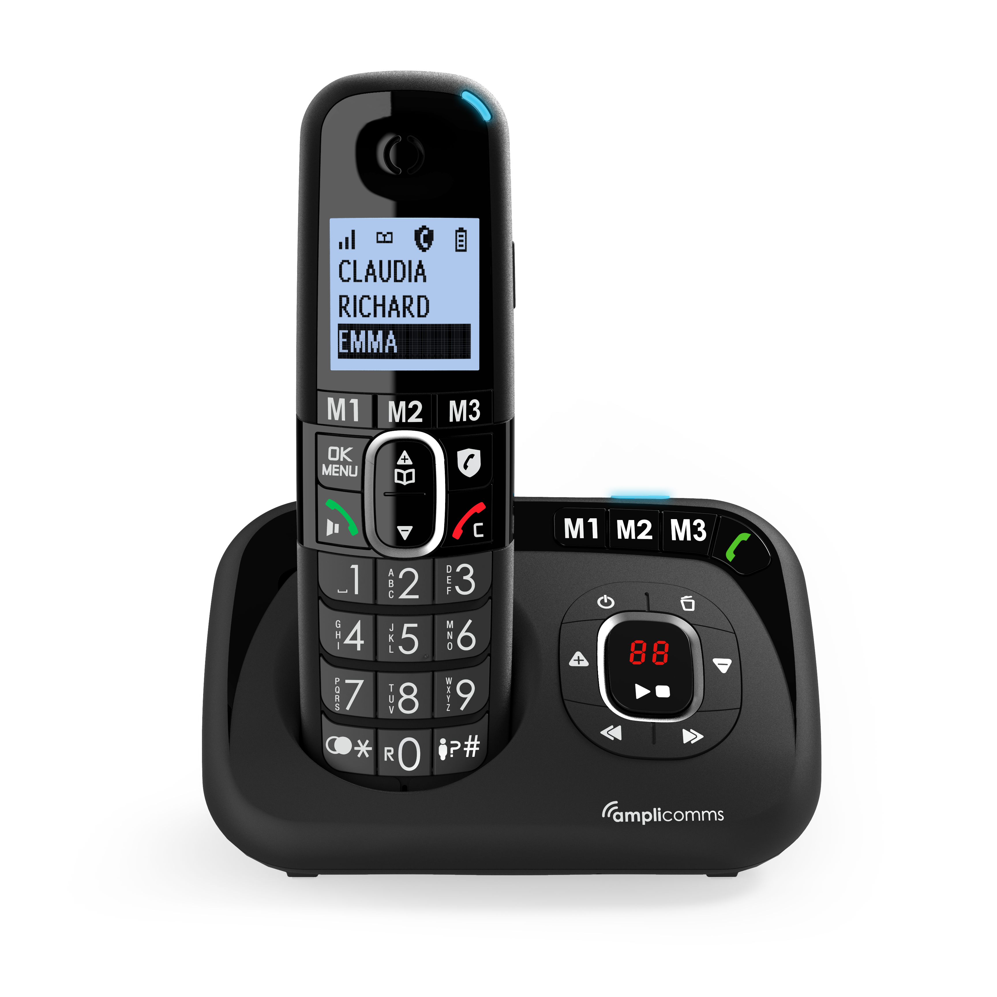 Een zwarte draadloze telefoon met een basis, met een scherm met contactnamen. Er zijn knoppen aanwezig.