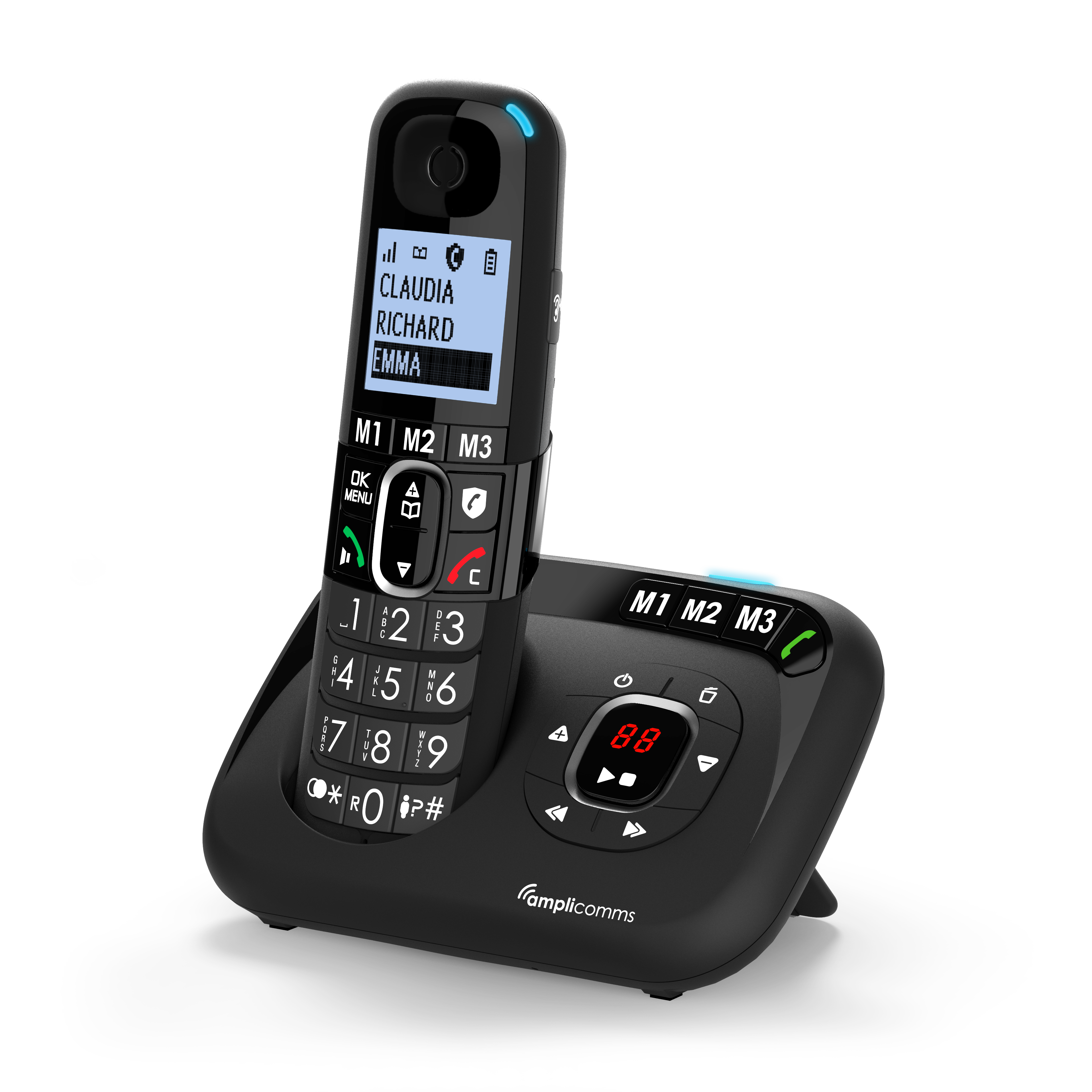 Zwarte vaste telefoon met display met contacten. Basis met knoppen.