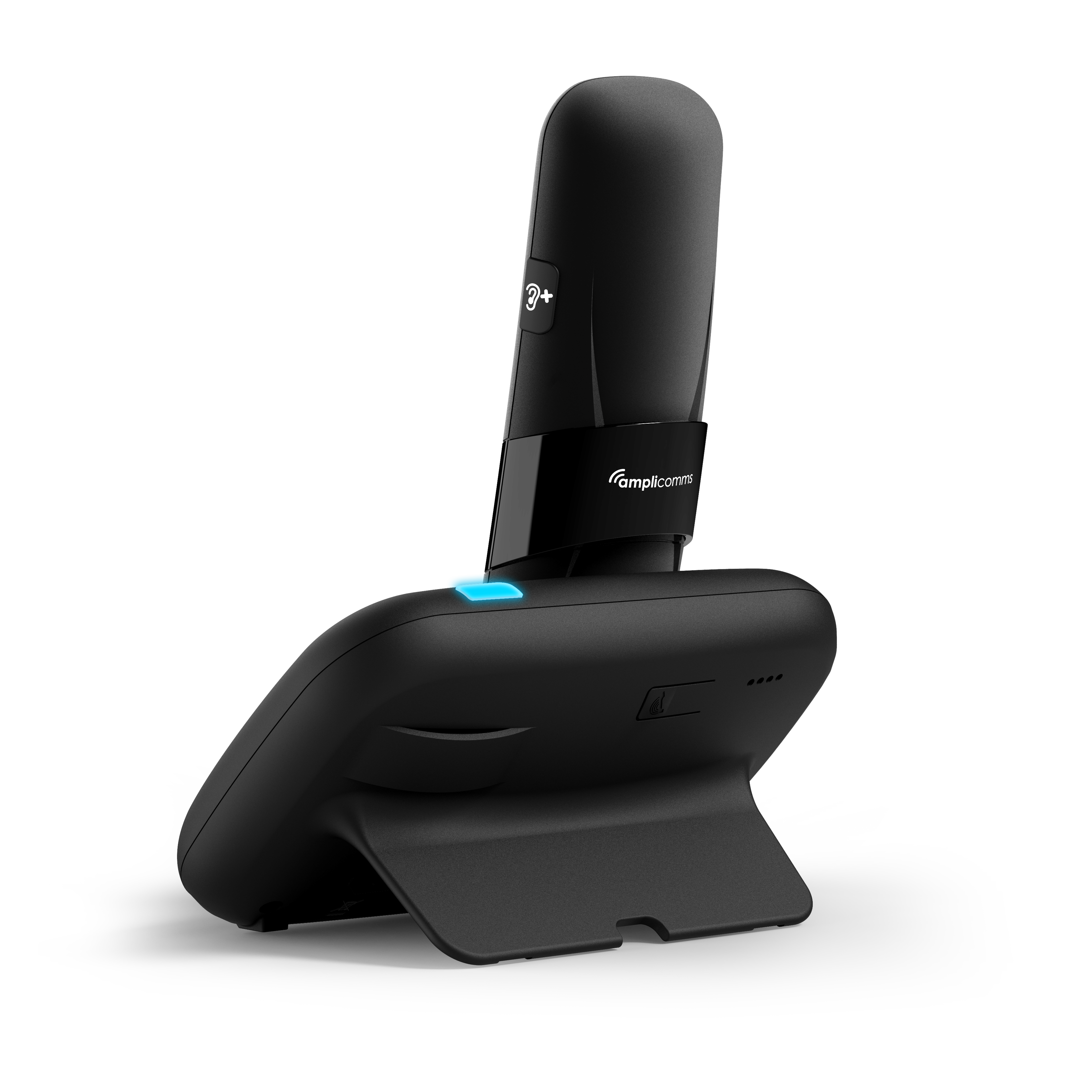 Zwarte telefoonbasis met oplaadstation, handset en blauwe knop.