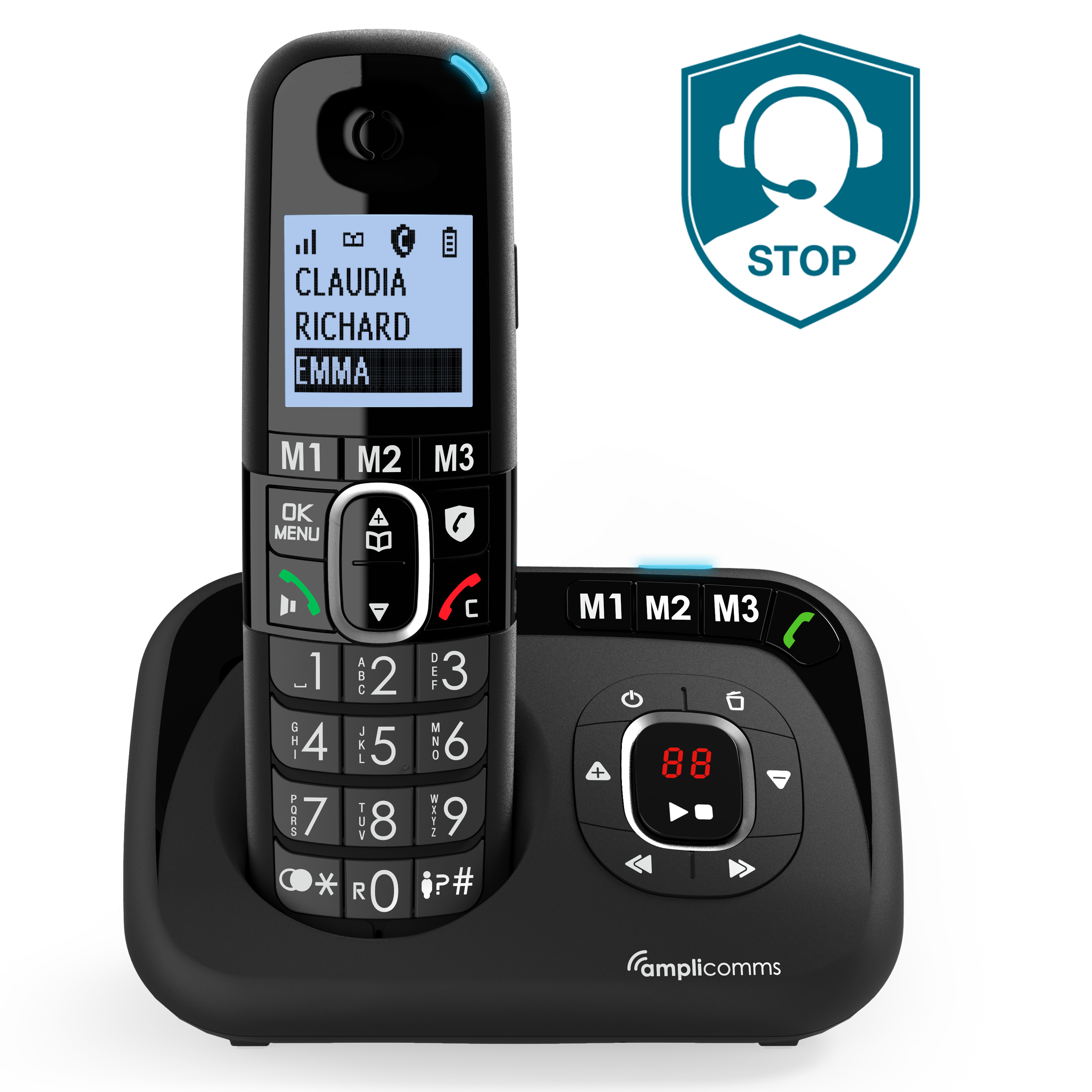 Zwarte draadloze telefoon op een basis met grote knoppen en een display met namen.