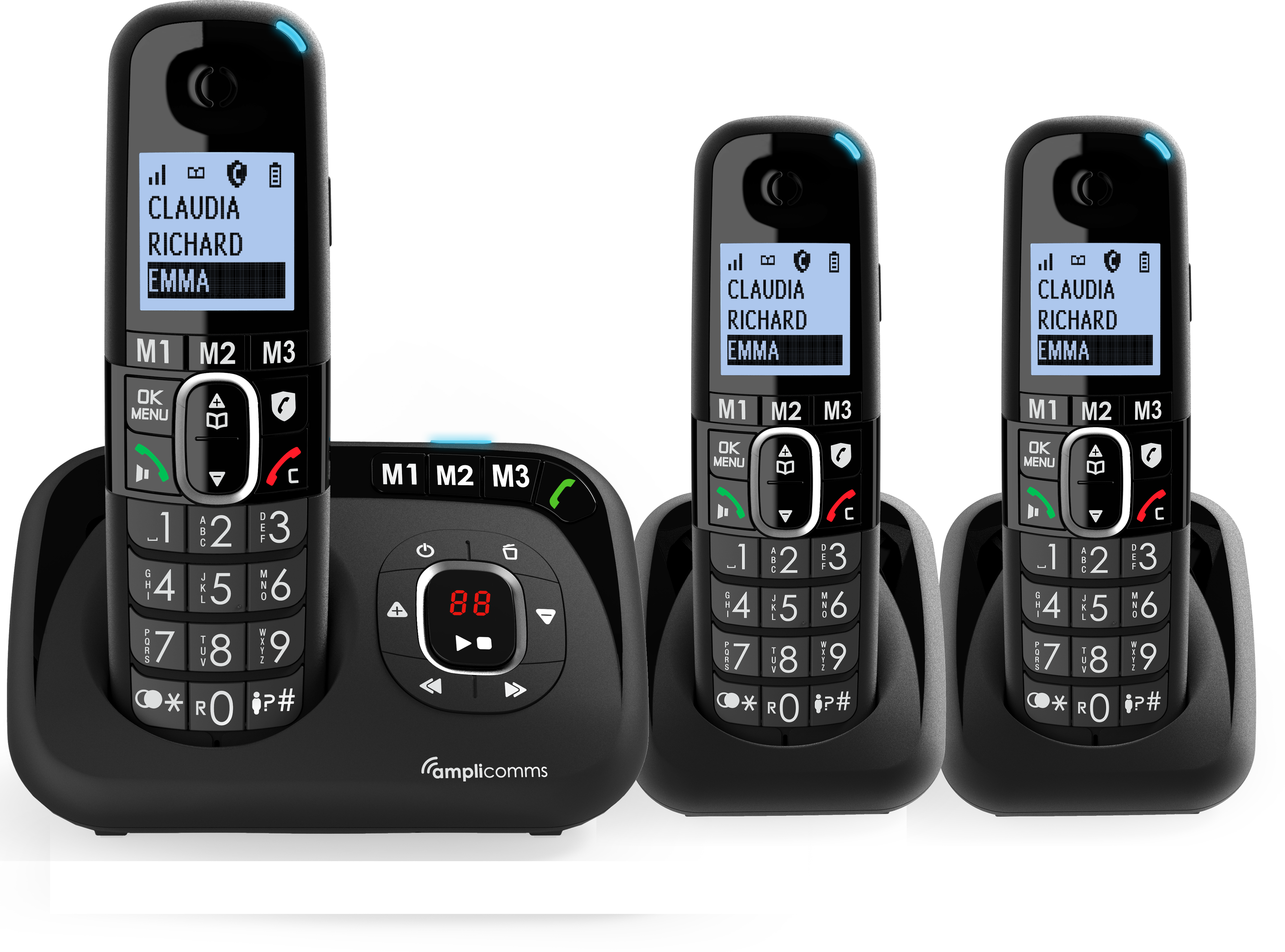 Zwarte draadloze telefoons met een basisstation. Het basisstation toont de tijd en beldetails.