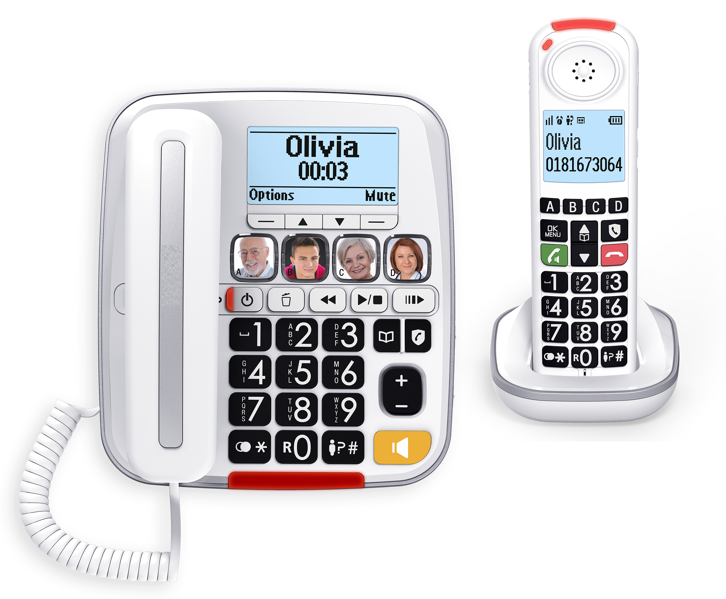 Witte vaste telefoon en een draadloze telefoon. De draadloze telefoon staat rechts.