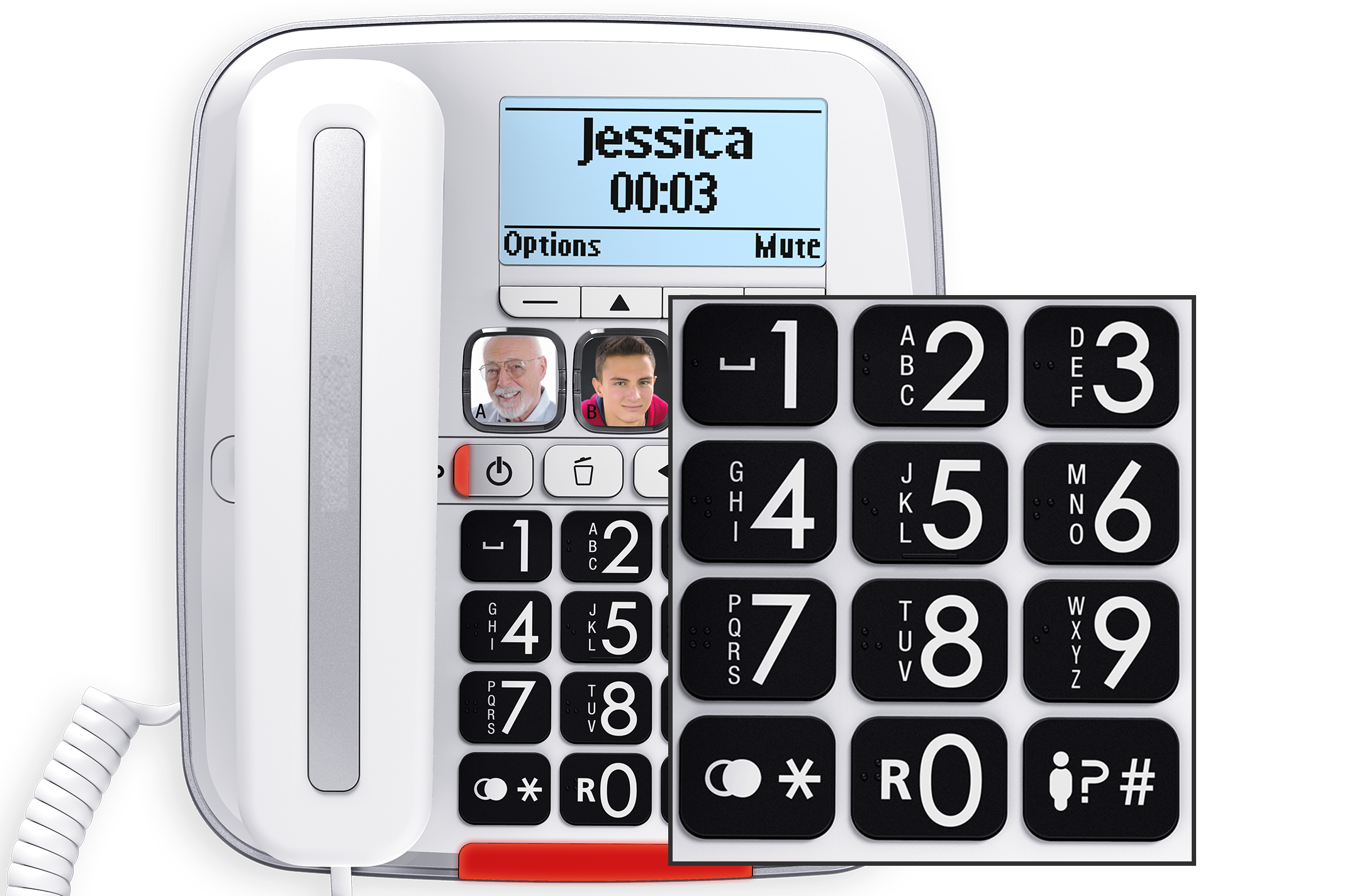 Een telefoon met grote knoppen met een gesprek en contactfoto's.